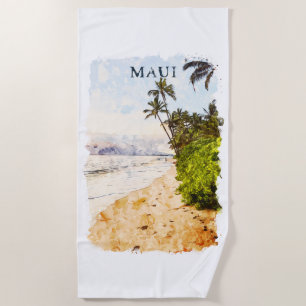 Maui Hawaii Watercolor Illustration travel Beach Towel