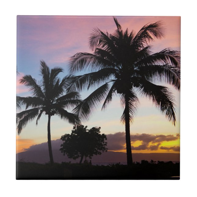Maui Hawaiian Sunset Palm Trees Ceramic Tile (Front)