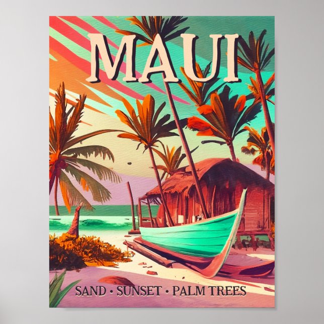 Maui island Hawaii tropical sunset palm tree 1960s Poster (Front)