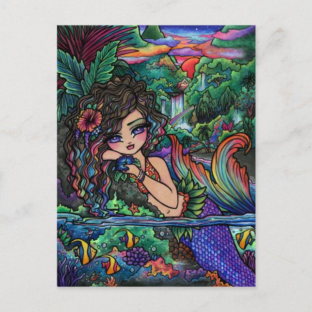 Maui Mermaid Hawaiian Girl Fantasy Art Postcard (Front)