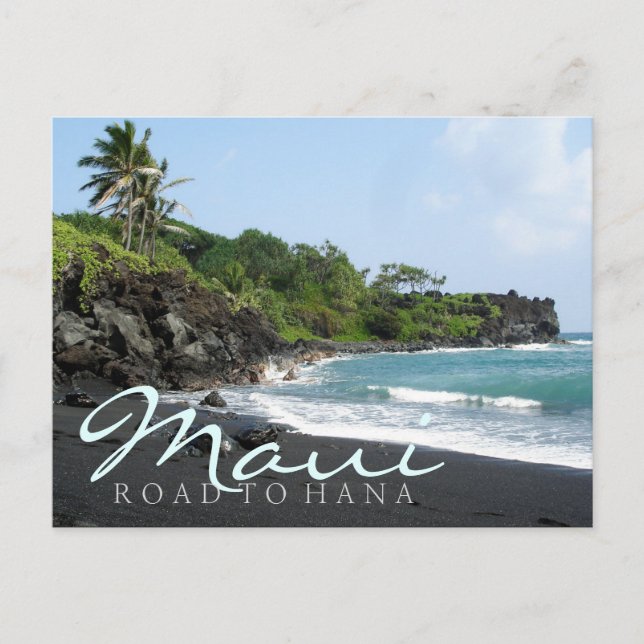 Maui Road to Hana black sand beach text postcard (Front)