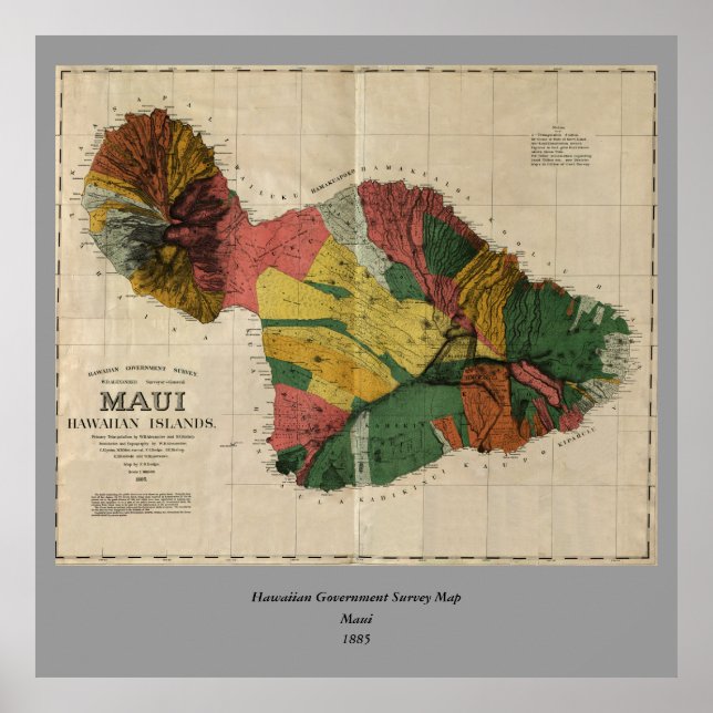 Maui - Vintage Antiquarian Hawaii Survey Map, 1885 Poster (Front)
