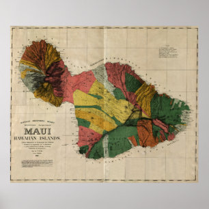 Maui - Vintage Antiquarian Hawaii Survey Map, 1885 Poster