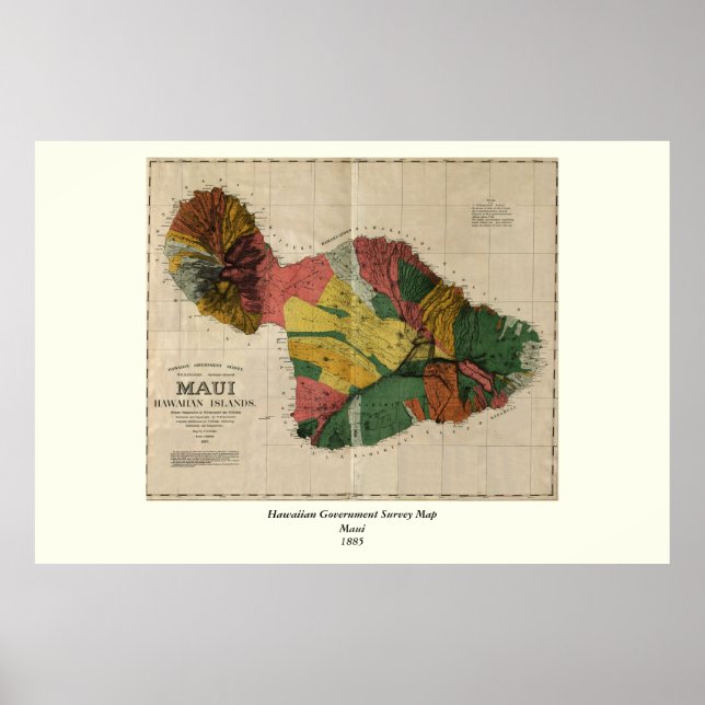 Maui - Vintage Antiquarian Hawaii Survey Map, 1885 Poster (Front)