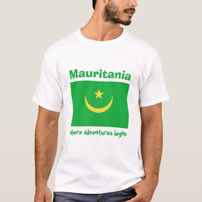 Mauritania Flag + Map + Text T-Shirt (Front)