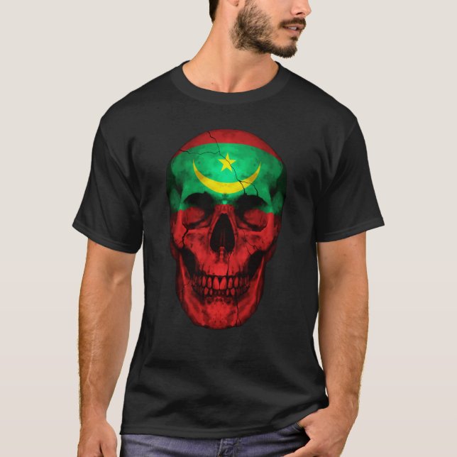 Mauritania Flag Skull Mauritanian Roots Proud Patr T-Shirt (Front)