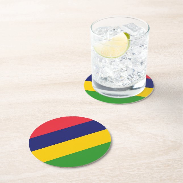 Mauritius flag round paper coaster (Insitu)