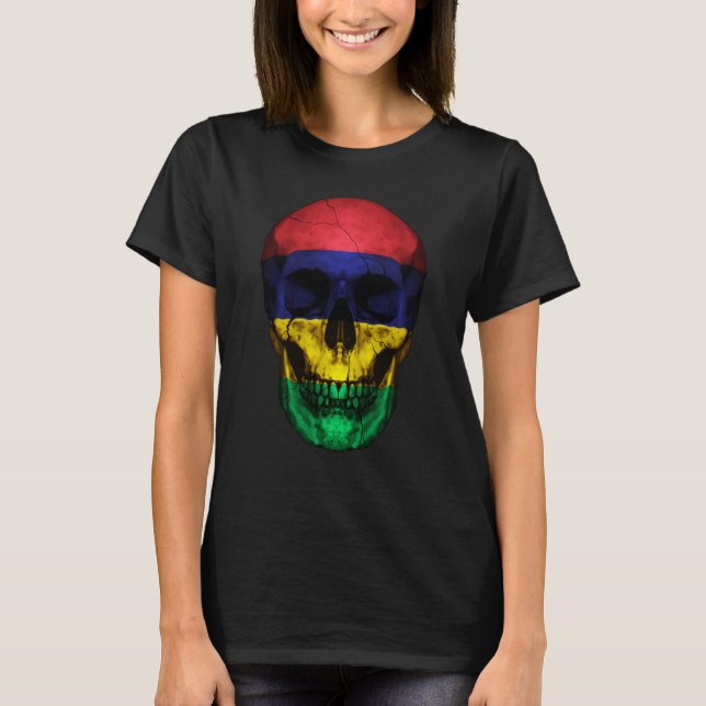 Mauritius Flag Skull Mauritian Roots Proud Patriot T-Shirt (Front)