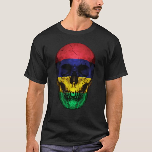 Mauritius Flag Skull Mauritian Roots Proud Patriot T-Shirt (Front)
