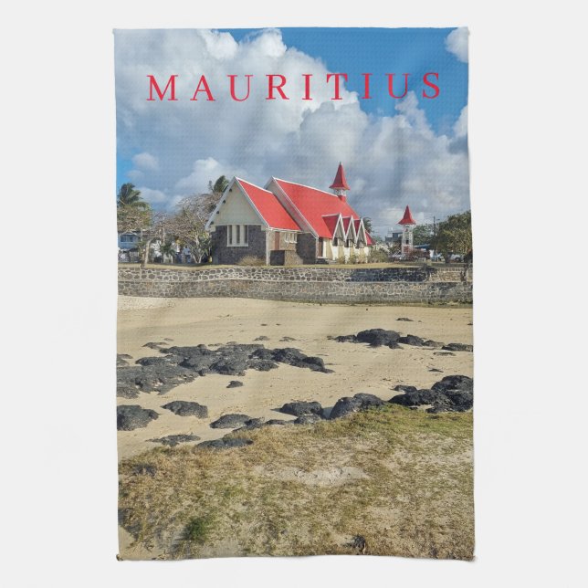 Mauritius red church view tea towel (Vertical)