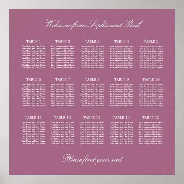 Mauve 15 Table Wedding Seating Chart Poster (Front)
