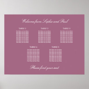 Mauve 5 Table Wedding Seating Chart Poster