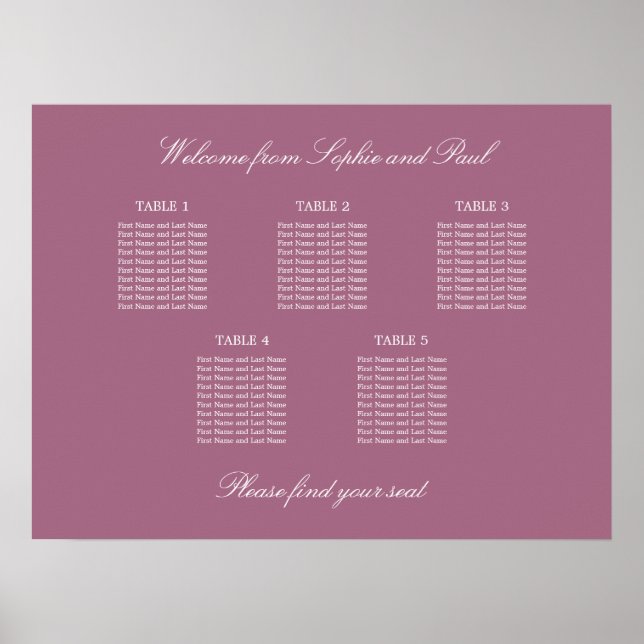 Mauve 5 Table Wedding Seating Chart Poster (Front)