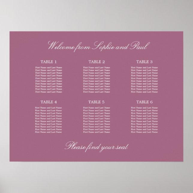Mauve 6 Table Wedding Seating Chart Poster (Front)
