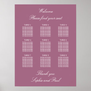 Mauve 9 Table Wedding Seating Chart Poster