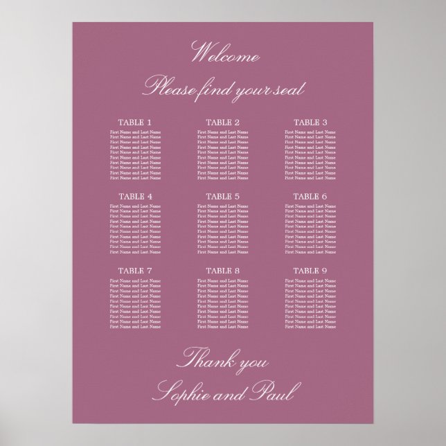 Mauve 9 Table Wedding Seating Chart Poster (Front)