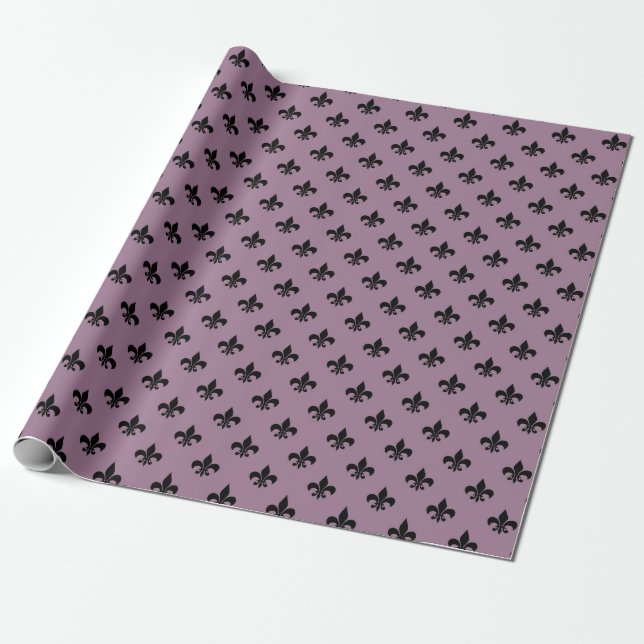 Mauve and Black Antique Fleur de Lis Paris Pattern Wrapping Paper (Unrolled)