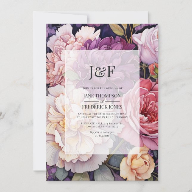Mauve and Champagne Floral Wedding Monogram Invitation (Front)