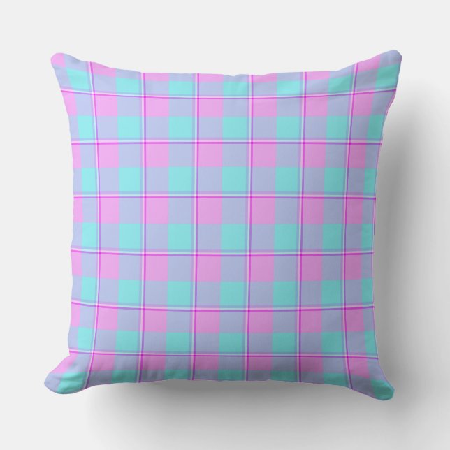 Mauve and Coastal Mist Plaid Blue Pink Cushion (Front)