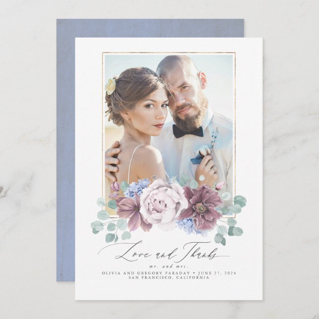 Mauve and Dusty Blue Floral Wedding Thank You Card (Front/Back)