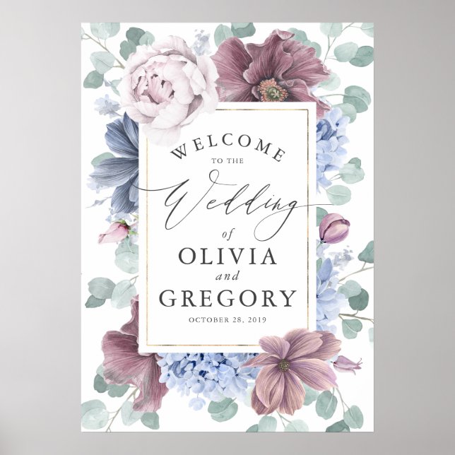 Mauve and Dusty Blue Floral Wreath Wedding Welcome Poster (Front)