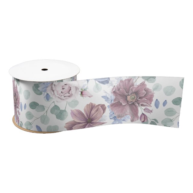 Mauve and Dusty Blue Flowers Botanical Satin Ribbon (Spool)