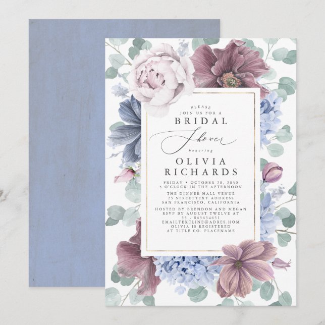 Mauve and Dusty Blue Flowers Elegant Bridal Shower Invitation (Front/Back)