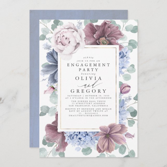 Mauve and Dusty Blue Flowers Engagement Party Invitation (Front/Back)