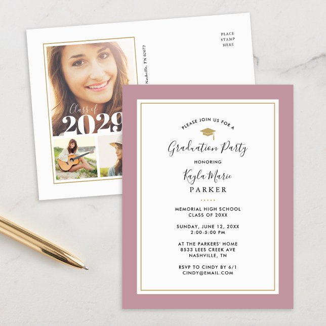 Mauve and Gold 3 Photo Graduation Party Invitation (Creator Uploaded)
