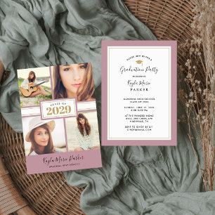 Mauve and Gold   4 Photo Graduation Invitation