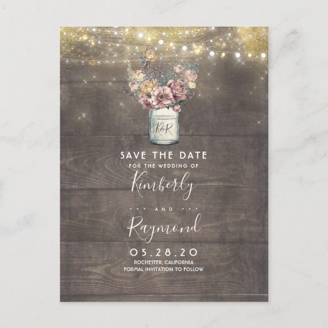 Mauve and Gold Floral Mason Jar Save the Date Announcement Postcard (Front)