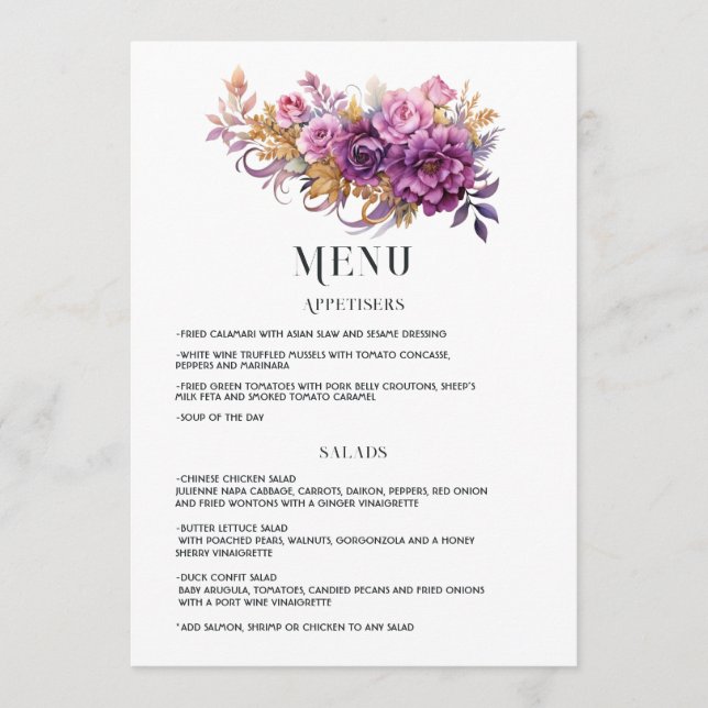 Mauve and Gold Floral Wedding Menu (Front)