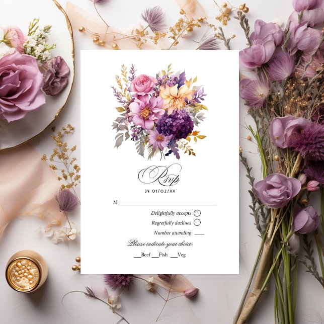 Mauve and Gold Floral Wedding RSVP Card (Creator Uploaded)