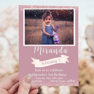 Mauve and Gold Third Birthday Photo Invitation
