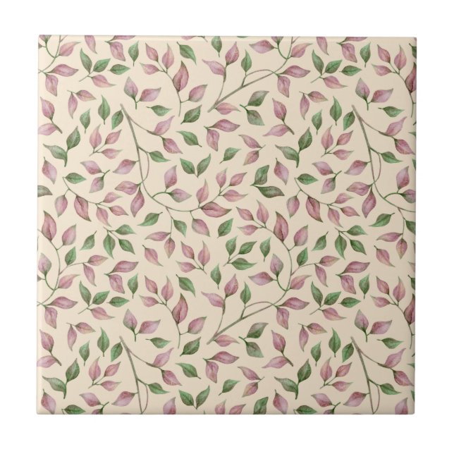 Mauve and Green Leaf Seamless Pattern Ceramic Tile (Front)