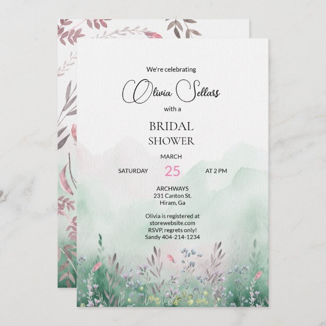Mauve and Mint Meadow Bridal Shower Invitation (Front/Back)