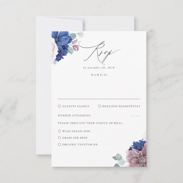 Mauve and Navy Blue Floral Wedding RSVP (Front)