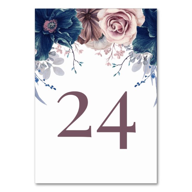 Mauve and Navy Blue Floral Wedding Table Number (Front)