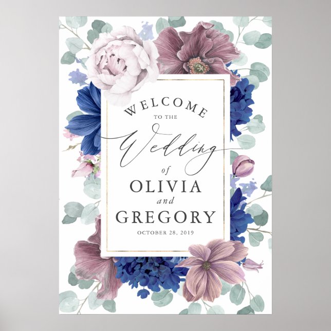 Mauve and Navy Blue Floral Wreath Wedding Welcome Poster (Front)