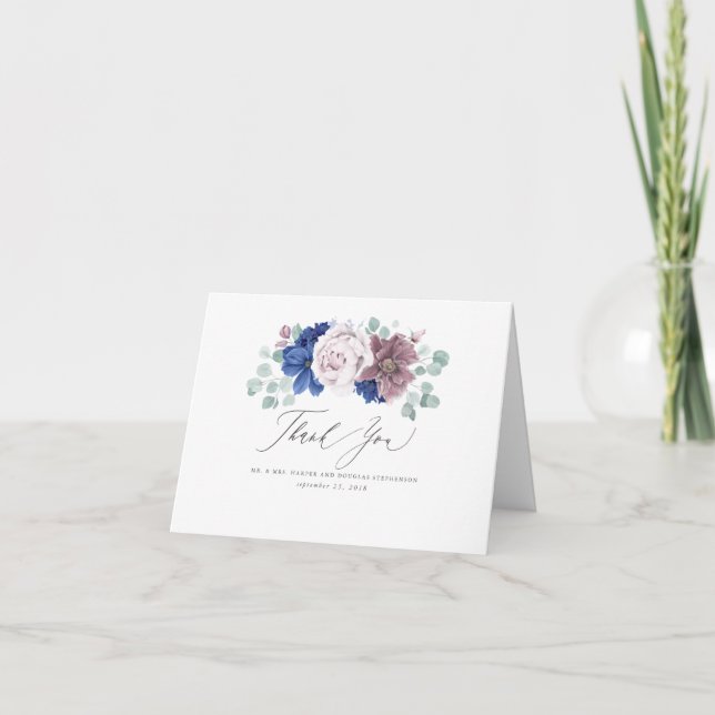Mauve and Navy Blue Flowers Elegant Thank You Card (Front)