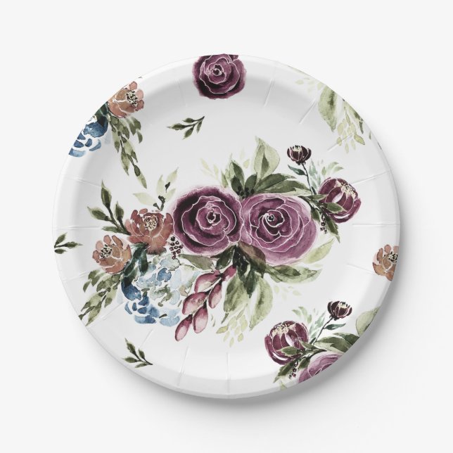 Mauve and Olive Vintage Floral Paper Plates (Front)
