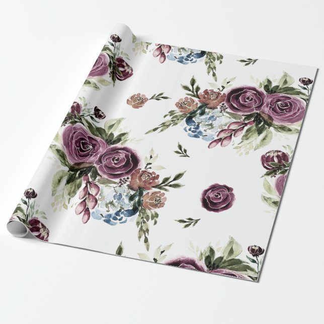 Mauve and Olive Vintage Floral Wrapping Paper (Unrolled)