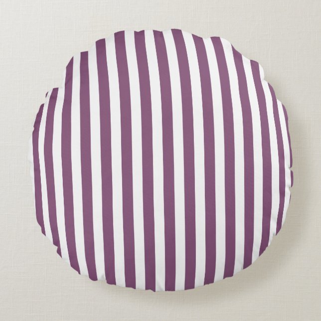 Mauve and white candy stripes round cushion (Front)