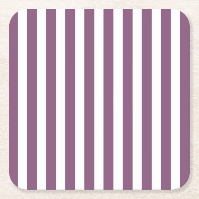 Mauve and white candy stripes square paper coaster (Front)