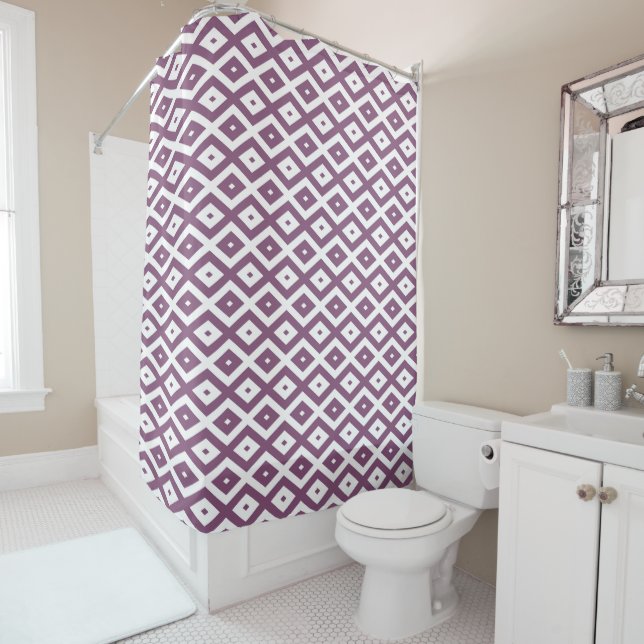Mauve and white diamond pattern shower curtain (In Situ)