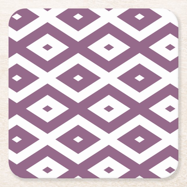 Mauve and white diamond pattern square paper coaster (Front)