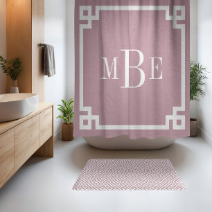Mauve and White Greek Key Monogrammed Shower Curtain