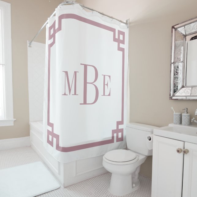 Mauve and White Greek Key | Monogrammed Shower Curtain (In Situ)
