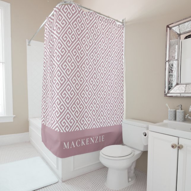 Mauve and White Greek Key Name Monogram Shower Curtain (In Situ)