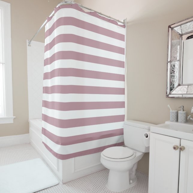 Mauve and White Stripes Shower Curtain (In Situ)